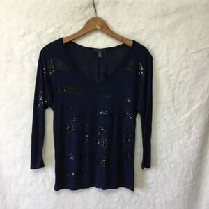 Kenneth Cole Navy Sequin Long Sleeve Top